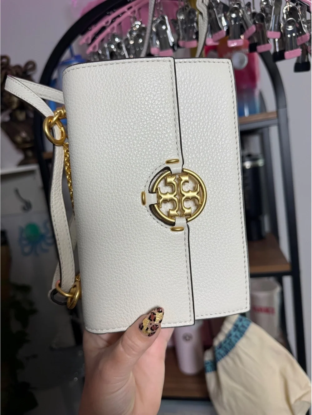 Tory Burch Miller Mini Shoulder Bag White Pebbled Leather Gold Logo NWOT